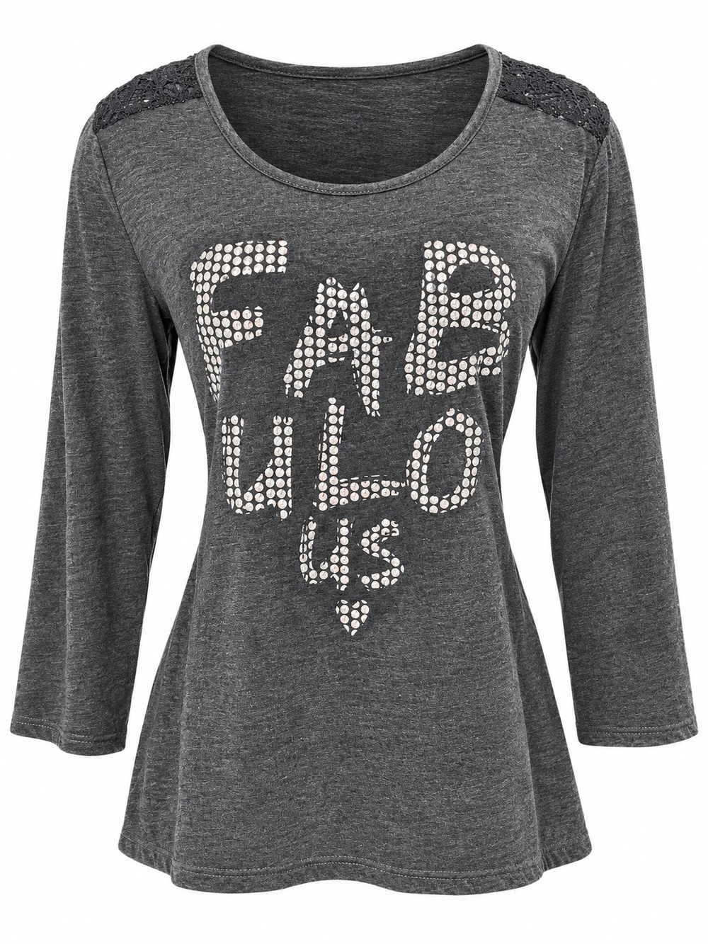 Women's Charcoal Scoop Neck Studded 'FABULOUS' Long Sleeve Top